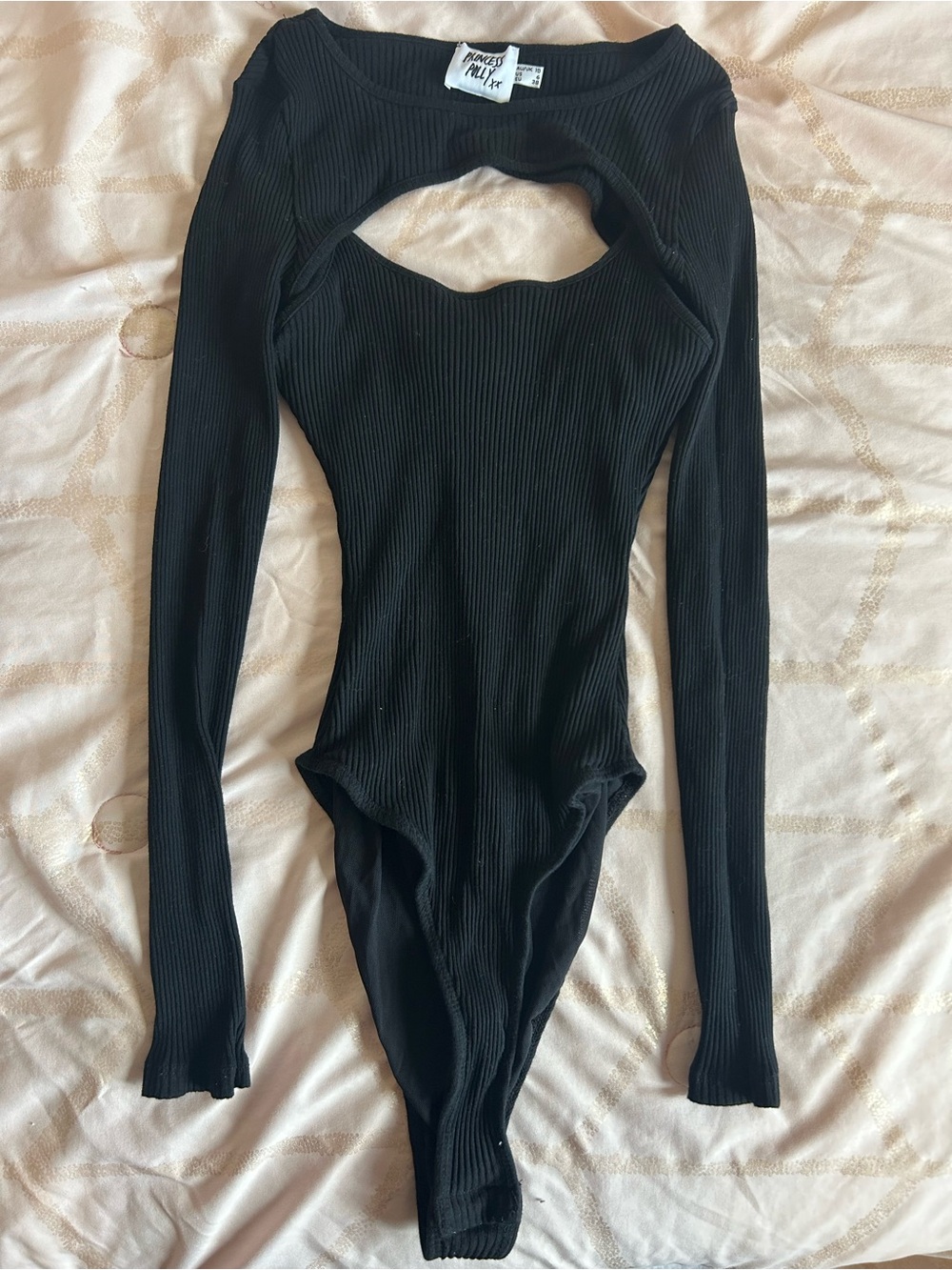 Princess Polly Black Ribbed Long-Sleeve Cutout One-Piece Bodysuit